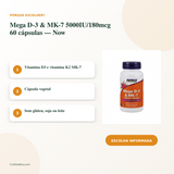 Mega D-3 & MK-7 5000IU/180mcg 60 cápsulas — Now — imagem 2